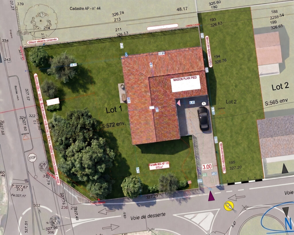 Plan de masse du lot 1 à Saint-Romain-la-Motte : maison de plain-pied sur terrain de 572 m²